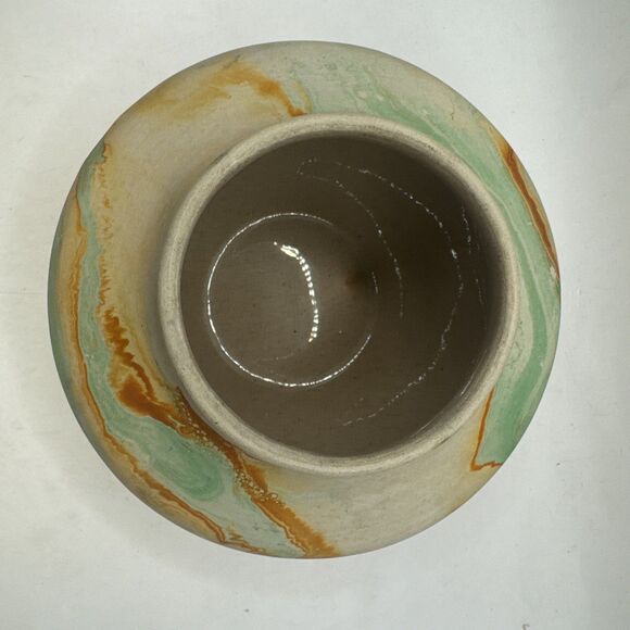 Vintage Nemadji Pottery Vase Green Orange Watercolor Swirled Indian Head Mark - Picture 5 of 6